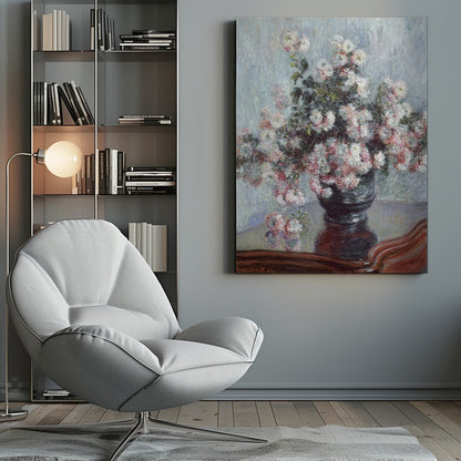 An impressionist painting by Claude Monet depicting a large bouquet of white and pink chrysanthemums in a dark, ornate vase. The vase sits on a reflective, reddish-brown wooden table, and the background is a textured light blue wall. The painting is framed in black. Artwork