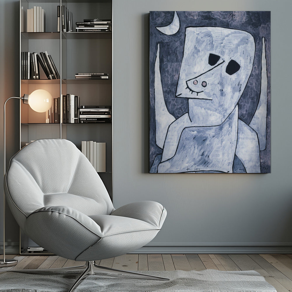 An abstract painting of a stylized, angel-like figure in shades of light blue and white with black outlines. The figure has a large, blocky head with empty black eyes, a triangular nose, and appears to have wings. The background is a dark, mottled blue-grey with a white crescent moon in the upper left corner. Decor
