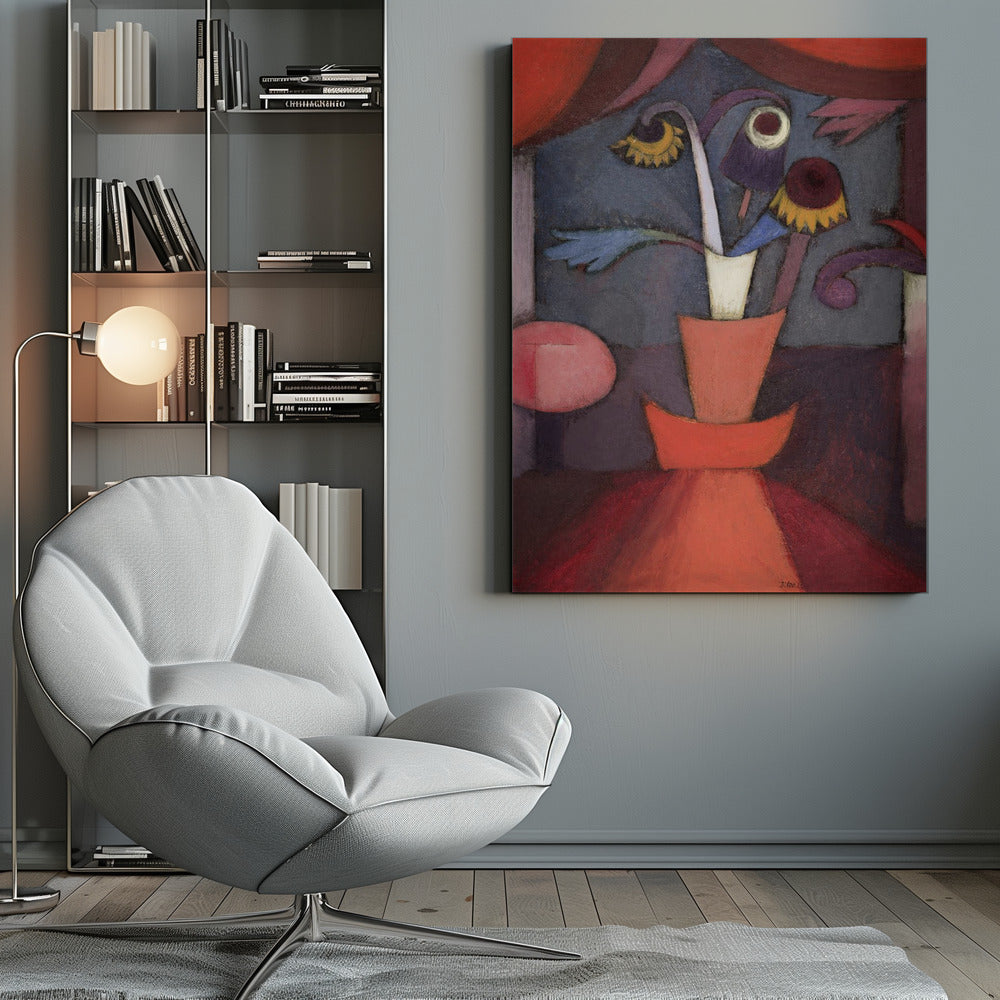 An abstract still life painting of bizarre, whimsical flowers in an orange vase. The flowers are purple, yellow, and blue with surreal, eye-like shapes, set against a moody dark blue background framed by rich red and purple shapes. Print