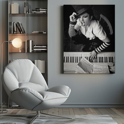 A dramatic black and white high-angle photograph of a woman in a top hat and striped arm warmers, shouting or singing passionately while seated at a piano with sheet music. Print