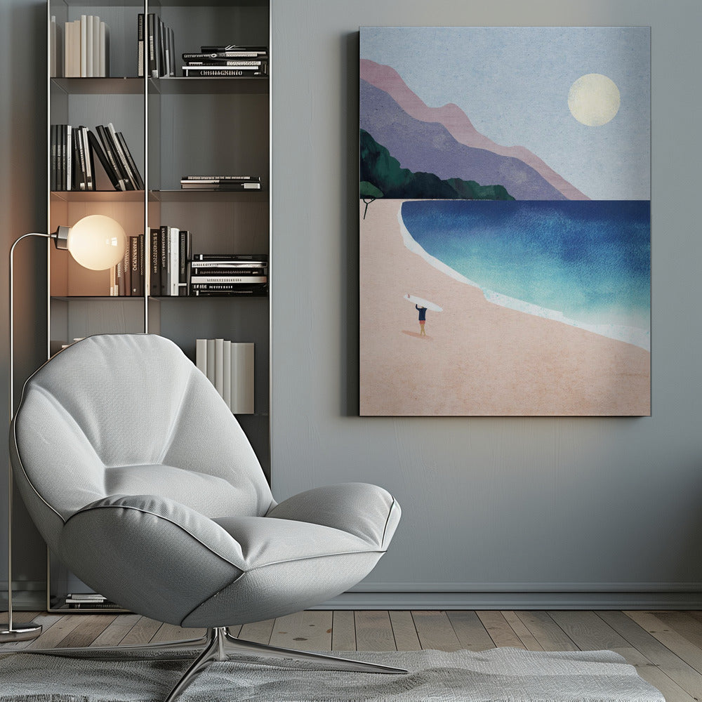 A minimalist illustration of a lone surfer standing on a vast pink sand beach, holding a surfboard above their head. The turquoise and blue ocean waves gently roll onto the shore, with layered purple and pink mountains in the background under a pale yellow sun and a light blue sky. Wall Art