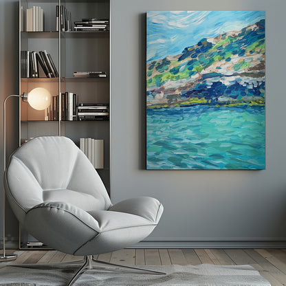 An impressionistic painting of a coastal landscape with thick, textured brushstrokes. The artwork depicts a vibrant turquoise sea in the foreground and a green and brown hillside under a light blue sky, all framed in black. Print