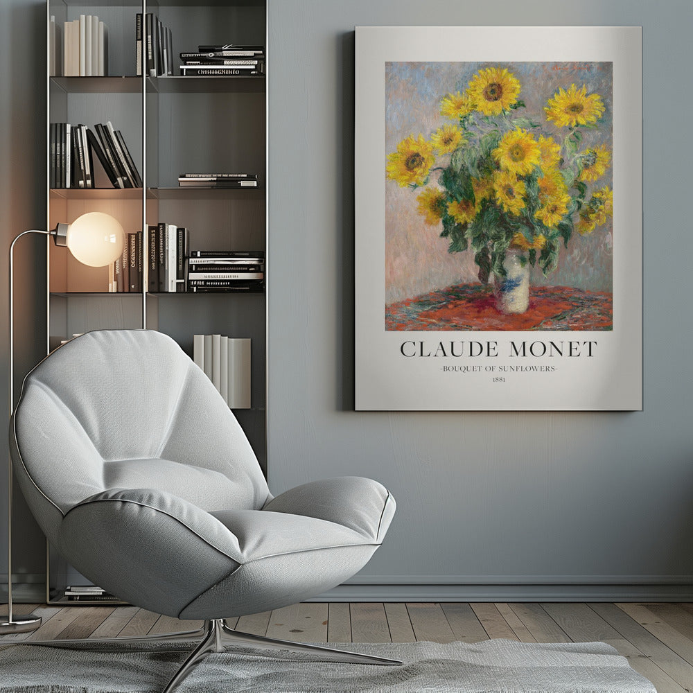 A framed art print of Claude Monet's impressionist painting 'Bouquet of Sunflowers' from 1881. The painting depicts a vibrant bouquet of yellow sunflowers in a white and blue vase, set against a muted background. Below the artwork, text reads 'CLAUDE MONET', 'BOUQUET OF SUNFLOWERS', and '1881'. Poster