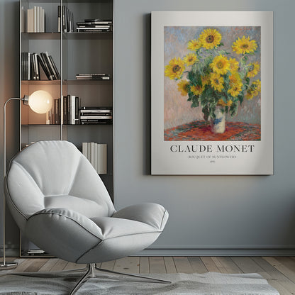 A framed art print of Claude Monet's impressionist painting 'Bouquet of Sunflowers' from 1881. The painting depicts a vibrant bouquet of yellow sunflowers in a white and blue vase, set against a muted background. Below the artwork, text reads 'CLAUDE MONET', 'BOUQUET OF SUNFLOWERS', and '1881'. Poster