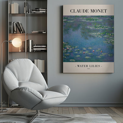 A framed museum-style poster of Claude Monet's impressionist painting 'Water Lilies' from 1906. The artwork features a serene pond scene with green lily pads and hints of pink flowers on a deep blue water surface. The poster has a cream border with 'CLAUDE MONET' printed at the top and '- WATER LILIES - 1906' at the bottom. Print