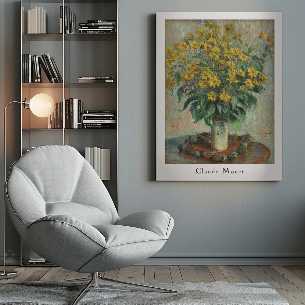 A framed poster of Claude Monet's impressionist painting 'Jerusalem Artichoke Flowers' from 1880. The artwork features a large, overflowing bouquet of bright yellow flowers in a light-colored vase, set upon a reddish-brown table. Artwork