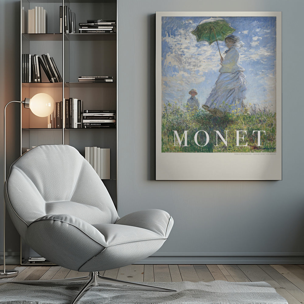 A vintage art poster of Claude Monet's impressionist painting, 'Woman with a Parasol - Madame Monet and Her Son.' It depicts a woman in a white dress holding a green parasol on a grassy hill against a blue, cloud-filled sky, with her son visible in the background. The text 'MONET' is prominently displayed at the bottom. Wall Art