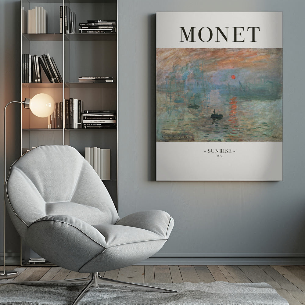 A framed art poster of Claude Monet's famous painting, 'Impression, Sunrise'. The top of the poster reads 'MONET' and the bottom reads '- SUNRISE - 1872'. The impressionist painting shows a hazy sunrise over a harbor, with a bright orange sun reflecting on the blue-grey water and small boats silhouetted in the foreground. Poster