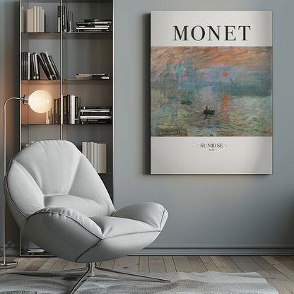 A framed art poster of Claude Monet's famous painting, 'Impression, Sunrise'. The top of the poster reads 'MONET' and the bottom reads '- SUNRISE - 1872'. The impressionist painting shows a hazy sunrise over a harbor, with a bright orange sun reflecting on the blue-grey water and small boats silhouetted in the foreground. Poster