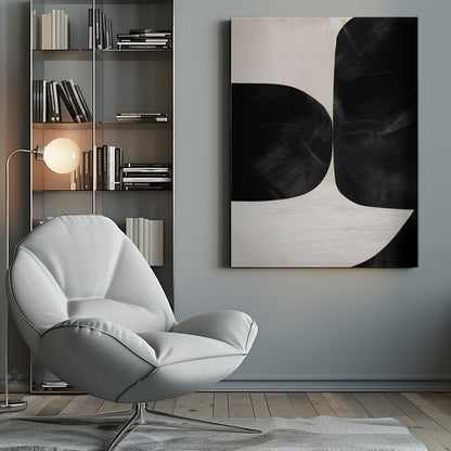 A minimalist abstract painting featuring two large, textured black forms with rounded corners against a light beige background. The forms are placed close together, creating a narrow, curvilinear channel of negative space between them. Print