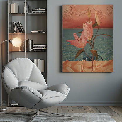 A surrealist artwork depicting pink lilies in a clear glass pitcher set against a backdrop of a calm blue ocean and a dusky pink sunset sky filled with a flock of birds. Artwork