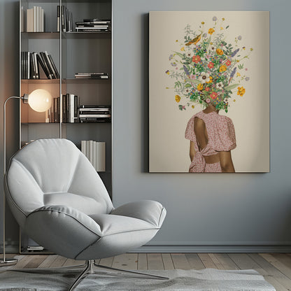 A surrealist collage of a woman seen from behind, wearing a pink dress with an open back. Instead of a head, she has a large, vibrant bouquet of various wildflowers and a small bird perched within the blossoms, all set against a solid beige background and enclosed in a black frame. Poster