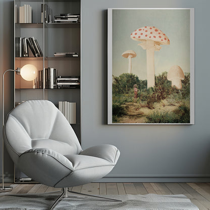 A vintage-style collage depicting a surreal landscape where a small person stands in a green, bushy field dwarfed by three enormous mushrooms, one of which is a red and white spotted toadstool. Wall Art
