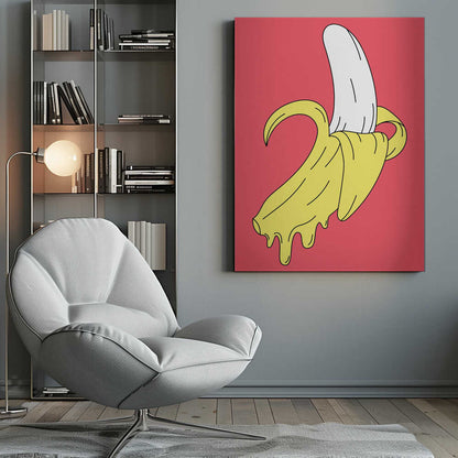 A pop art illustration of a melting, partially peeled banana against a solid pink background. The yellow peel drips down while the white fruit is exposed, all rendered in a bold, graphic style with black outlines. Decor
