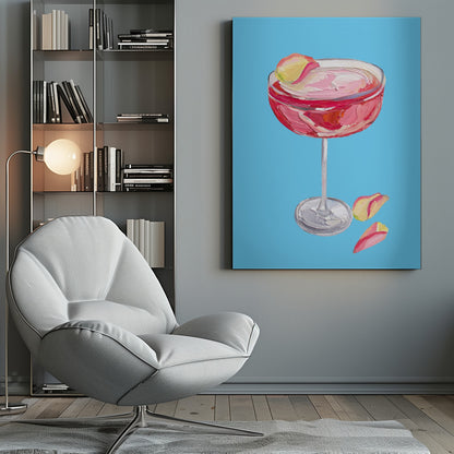 An impasto-style painting of a pink cocktail in a coupe glass against a vibrant blue background. The drink is garnished with a yellow and pink petal, and two more petals rest beside the silver base of the glass. The artwork is characterized by thick, visible brushstrokes. Artwork