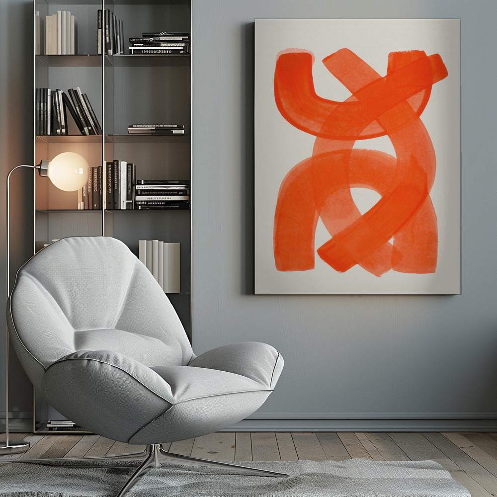 A modern abstract art piece in a thin black frame, featuring broad, vibrant orange brushstrokes that twist and overlap on a cream-colored background. Decor