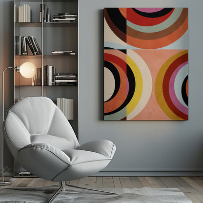 An abstract geometric artwork in a black frame, divided into quadrants. It features large, colorful concentric arcs in shades of orange, red, black, brown, and yellow, creating a dynamic and retro composition against a textured peach and off-white background. Artwork
