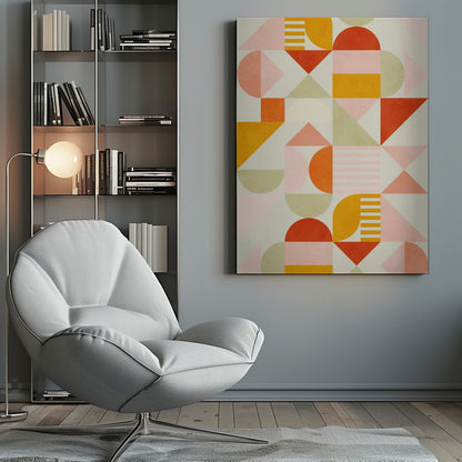 A framed piece of abstract geometric art featuring a grid pattern of shapes in a warm color palette. The design includes triangles, semicircles, and rectangles in shades of orange, yellow, pink, and sage green on a light cream background, creating a modern and playful composition. Poster