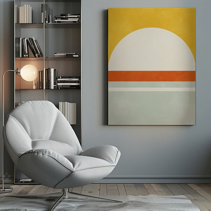 A framed abstract art print featuring geometric shapes. The top third is a solid golden yellow. Below it is a large off-white semicircle. A thick, vibrant orange stripe runs horizontally across the middle, and the bottom section consists of muted blue-grey and a thin off-white stripe, creating a minimalist landscape feel. Decor