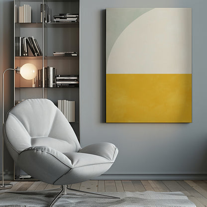 A minimalist abstract art print in a black frame. The design is color-blocked, with the bottom half a solid, textured mustard yellow. The top half is off-white, with a large white arc curving in from the top left corner, which is a pale sage green. Decor