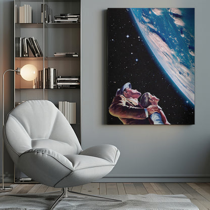A vintage-style illustration of a father and son in space, looking up in wonder at a large, brightly lit planet Earth against a backdrop of stars. Wall Art