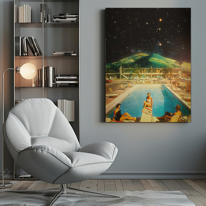 A surreal collage featuring a vintage scene of people lounging by a motel pool, juxtaposed against a backdrop of a massive green mountain and a dark, star-filled night sky. Wall Art
