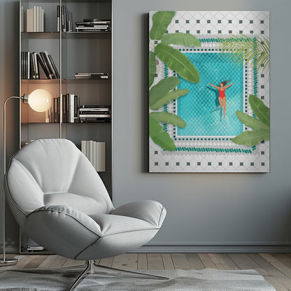 An aerial view illustration of a woman in a red swimsuit floating peacefully on her back in a bright turquoise swimming pool. The pool is surrounded by large green tropical leaves and a white tiled patio, all within a black frame. Wall Art