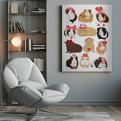 An illustration of twelve cute guinea pigs dressed up for Valentine's Day with accessories like heart-shaped glasses, bows, hats, and roses, arranged on a plain white background. Decor