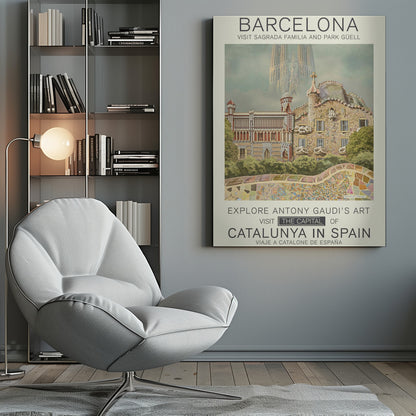 A vintage-style travel poster for Barcelona, featuring the intricate, mosaic-covered architecture of Park Güell in the foreground. In the hazy background, the spires of the Sagrada Familia rise into the sky. Text at the top and bottom invites viewers to visit these Antoni Gaudí landmarks in the capital of Catalunya, Spain. Wall Art