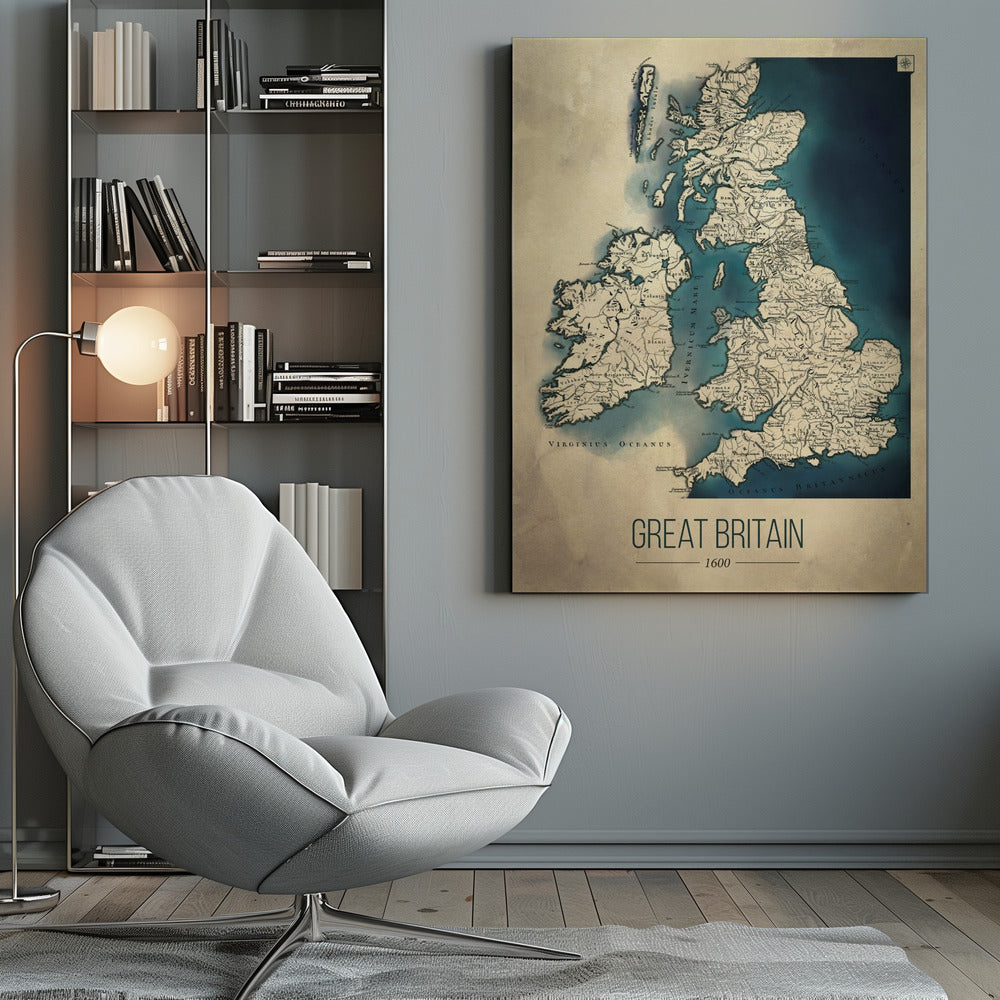 A framed vintage-style poster displaying a historical map of Great Britain and Ireland from the year 1600. The map features beige-colored land with detailed topography against deep blue water, with Latin place names. Below the map, the title 'GREAT BRITAIN 1600' is printed in a modern sans-serif font. Wall Art