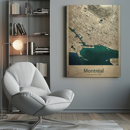 A vintage-style map of Montréal, Quebec from the year 1900, presented in a black frame. The map features a sepia-toned, aged paper texture, with black ink detailing the city's grid layout and landmarks. The St. Lawrence River and port area are highlighted in a deep teal color. At the bottom, the poster is titled 'Montréal' with the subtitle 'Quebec of Canada in 1900'. Artwork