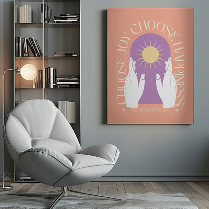 An inspirational art print featuring a peach background and a central design. Two white hands hold a purple archway that frames a yellow sun. The words 'Choose Joy' and 'Choose Happiness' curve around the central image in a tan font. Wall Art
