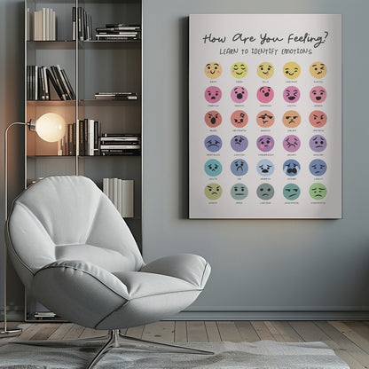 A framed educational poster titled 'How Are You Feeling? Learn to Identify Emotions'. It features 30 colorful circular emojis, each with a unique facial expression corresponding to a specific emotion labeled underneath, such as Happy, Sad, Angry, and Anxious, organized in a grid. Decor