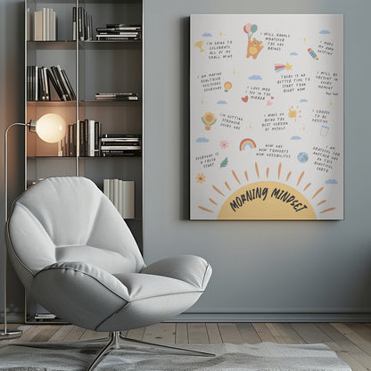An inspirational poster in a black frame titled 'Morning Mindset' featuring a large yellow sun at the bottom. The poster is filled with positive affirmations in a handwritten font, each accompanied by a small, cute illustration like a bear with balloons, a rainbow, a trophy, and a sunflower. Wall Art
