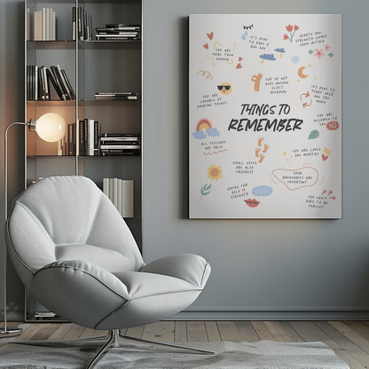 An inspirational poster in a black frame titled 'Things to Remember' in bold black script. It features a collection of handwritten positive affirmations in various colors, surrounded by small, charming doodles like hearts, a sun, a rainbow, and flowers. Key phrases include 'You are more than enough,' 'All feelings are valid,' and 'Your boundaries are important.' Print