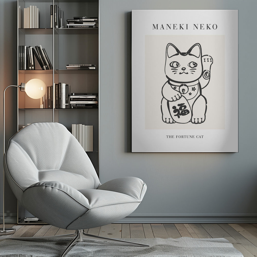 A minimalist framed poster featuring a black line drawing of a Maneki Neko, the Japanese fortune cat, on a cream background. The cat has one paw raised in a beckoning gesture. Text above the illustration reads 'MANEKI NEKO', and below it reads 'THE FORTUNE CAT'. Poster