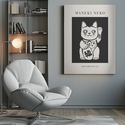 A modern black and white art print of a Japanese Maneki Neko, or fortune cat. The stylized white cat is set against a dark gray background, with the text 'MANEKI NEKO' above and 'THE FORTUNE CAT' below, all enclosed in a thin black frame. Artwork