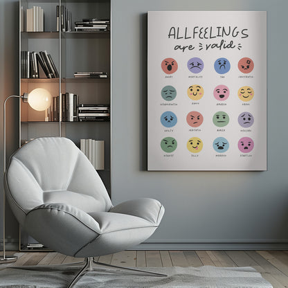 A framed poster titled 'ALL FEELINGS are valid' in a handwritten font. Below the title is a grid of 16 colorful circular emojis, each depicting a different emotion such as angry, happy, sad, and proud, with the name of the feeling written below each emoji. Wall Art