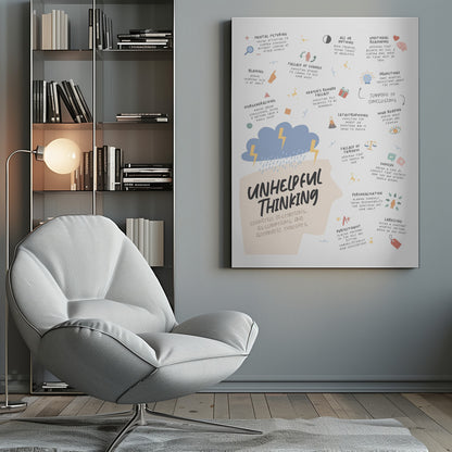 An educational infographic poster titled 'Unhelpful Thinking' detailing cognitive distortions. The central graphic is a beige silhouette of a head with a blue storm cloud and lightning bolts above it. Various types of unhelpful thinking are listed with brief explanations and icons, including Mental Filtering, Blaming, All or Nothing, Jumping to Conclusions, Catastrophising, and Personalisation. Wall Art