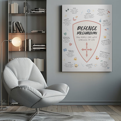 An educational poster about psychological defense mechanisms, featuring a central shield with the title. Around the shield, various mechanisms like denial, projection, and rationalization are listed with their definitions and simple corresponding icons on a light background. Decor