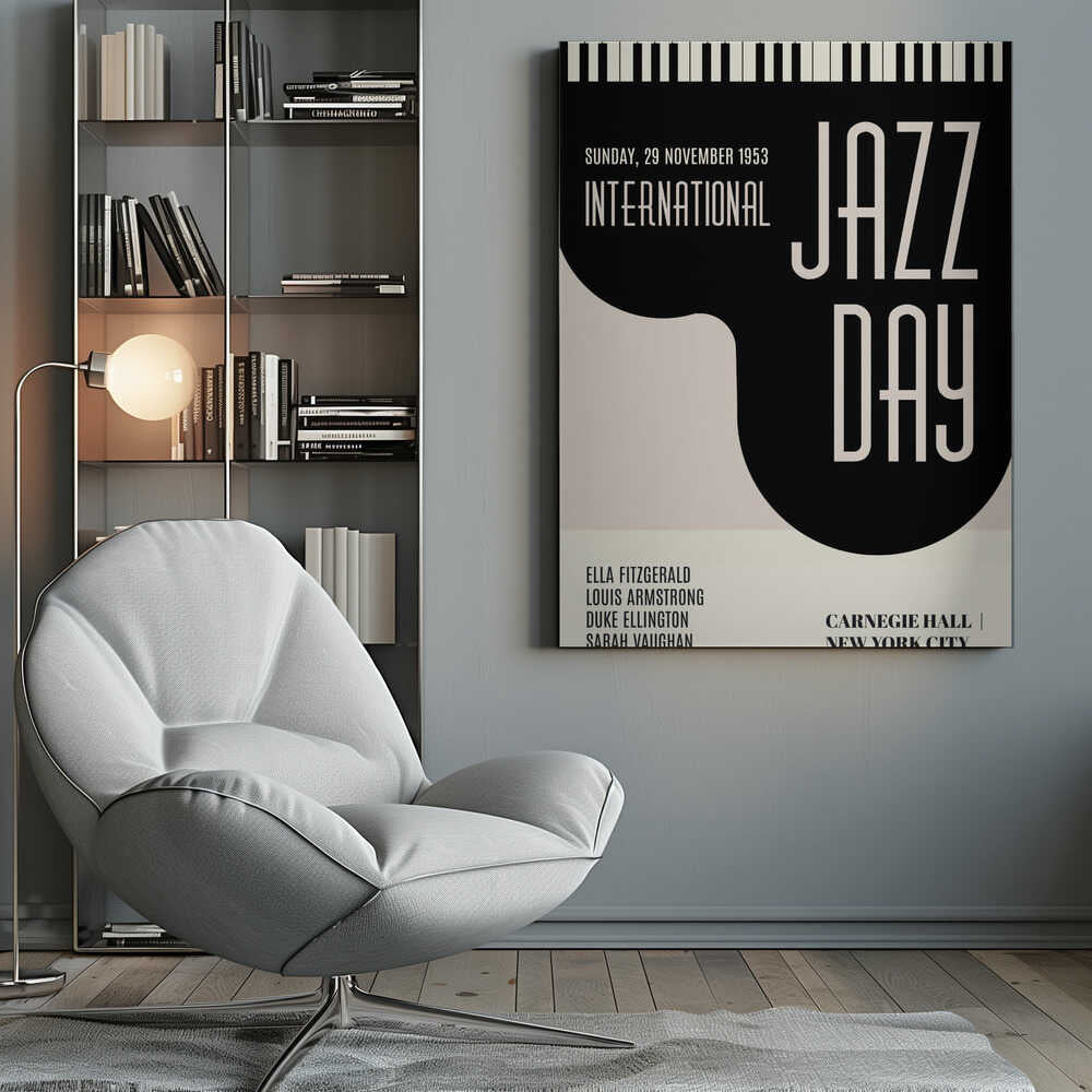 A vintage-style black and cream poster for 'International Jazz Day' dated Sunday, 29 November 1953. The poster features a strip of piano keys at the top and lists performers Ella Fitzgerald, Louis Armstrong, Duke Ellington, and Sarah Vaughan. The event location is Carnegie Hall, New York City. Poster