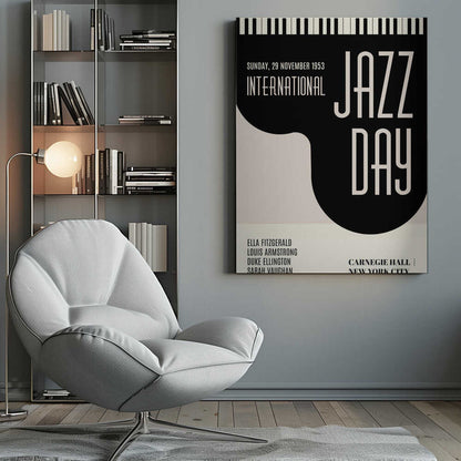 A vintage-style black and cream poster for 'International Jazz Day' dated Sunday, 29 November 1953. The poster features a strip of piano keys at the top and lists performers Ella Fitzgerald, Louis Armstrong, Duke Ellington, and Sarah Vaughan. The event location is Carnegie Hall, New York City. Poster