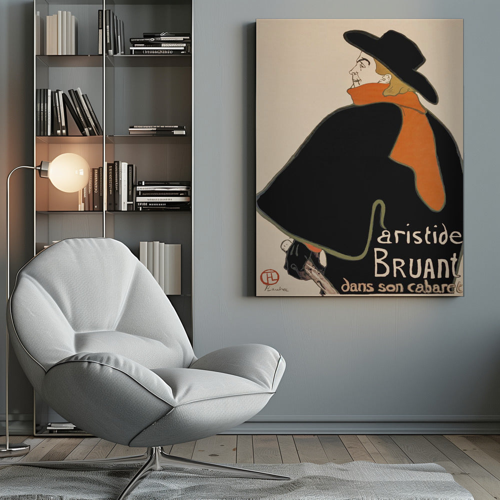 A vintage art poster by Henri de Toulouse-Lautrec for Aristide Bruant's cabaret. It features a graphic illustration of a man in a large black cape, a wide-brimmed black hat, and a bright orange scarf, set against a plain, off-white background. Artwork