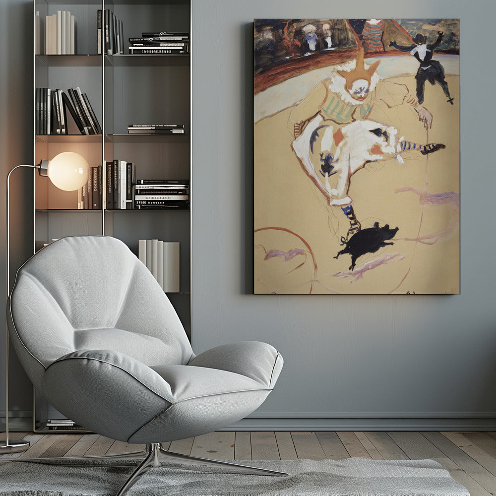 A vintage painting by Henri de Toulouse-Lautrec titled 'The Clown Chau-u-kao with a Pig'. The artwork shows a clown in a white costume with a pointed hat and ruffled collar in a circus ring, performing with a small black pig. In the background, another performer and an audience can be seen. Poster