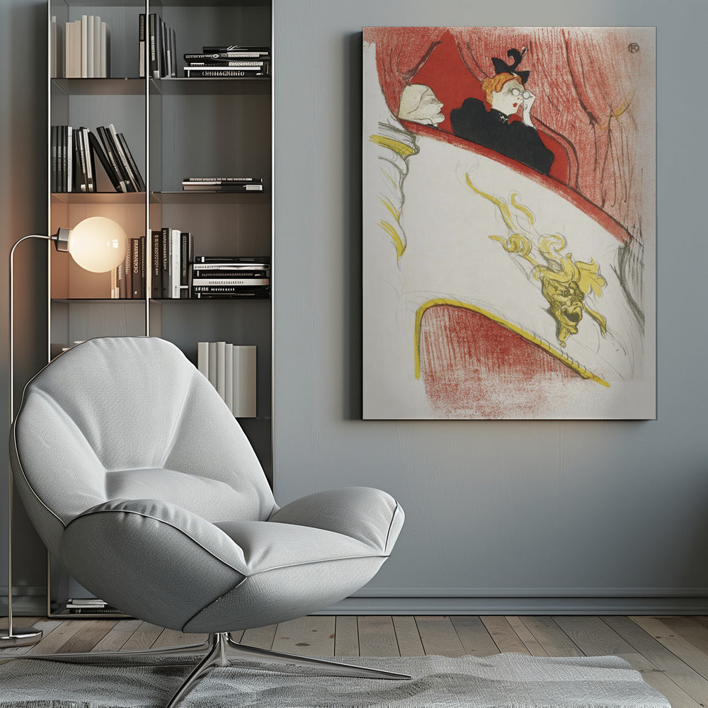 A vintage Art Nouveau illustration by Toulouse-Lautrec, 'La Loge au Mascaron Doré', depicting two women in a theater box. One woman with red hair and a black hat looks through opera glasses. The white box is adorned with a detailed golden grotesque mask, with red curtains in the background. The style is sketchy and expressive. Print