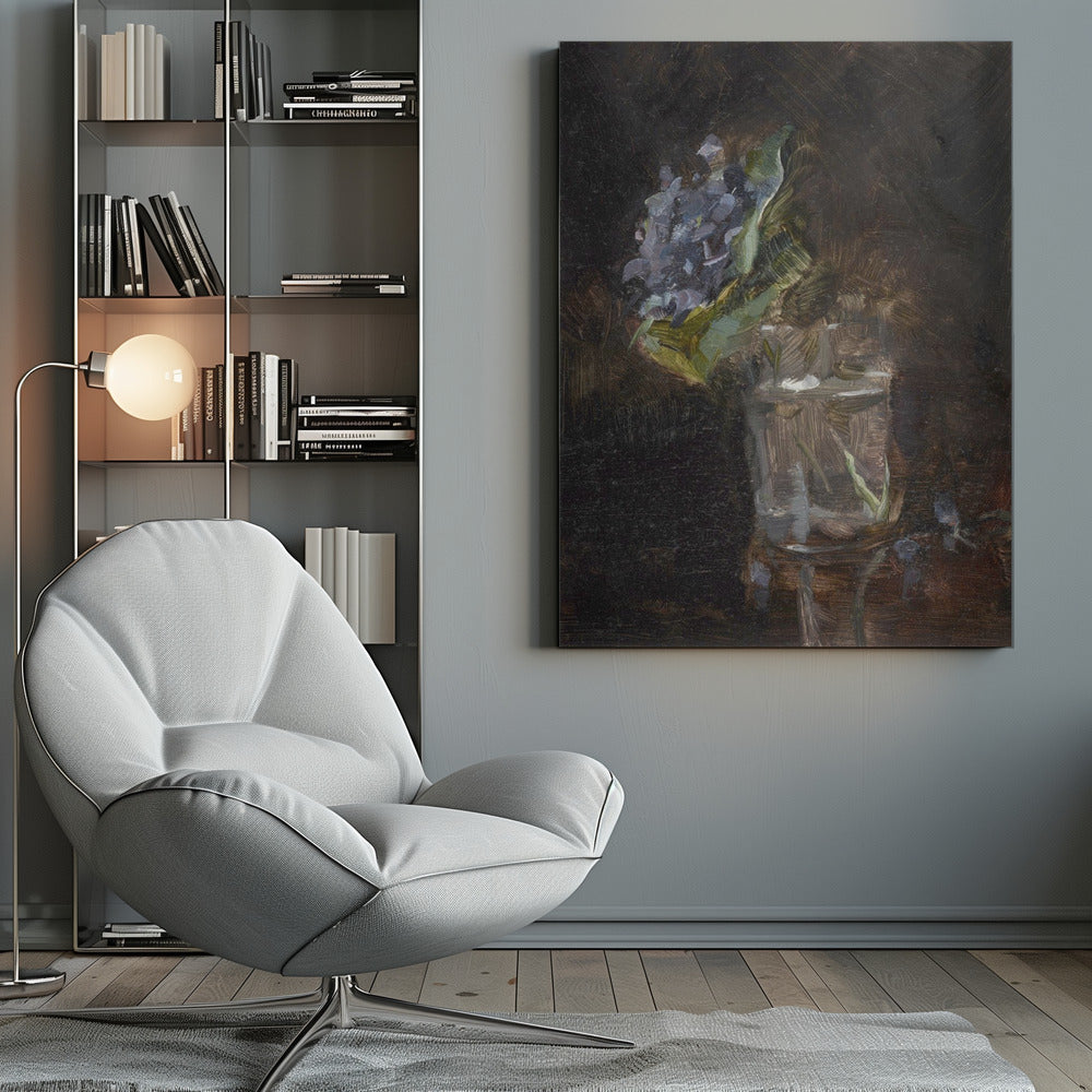 A moody, impressionistic still life oil painting of a cluster of purple flowers and green leaves in a clear glass of water, set against a dark, textured brown background. Wall Art