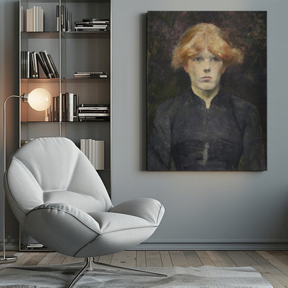 A painterly portrait of a young person with fair skin and striking reddish-blonde hair, looking directly at the viewer with a neutral expression. They are dressed in a simple, dark, high-collared garment against a dark, moody, and abstract background. Poster