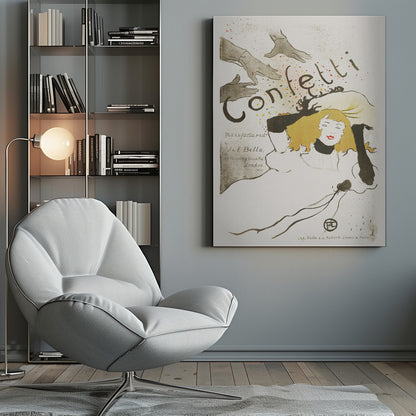 A vintage Art Nouveau poster by Henri de Toulouse-Lautrec advertising 'Confetti'. The illustration features a woman with blonde hair and red lipstick, wearing black gloves, looking up as hands above her shower her with colorful confetti. The background is a light cream color with black text. Poster