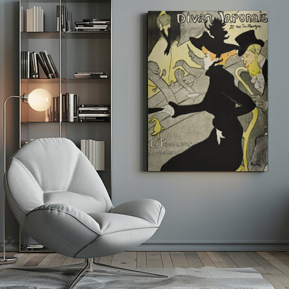 Vintage Art Nouveau poster by Henri de Toulouse-Lautrec for 'Divan Japonais'. It depicts elegant spectators, including Jane Avril in a striking black dress and hat, watching a performance by Yvette Guilbert on stage. The style features bold black outlines and a limited palette of yellow, black, and gray. Artwork