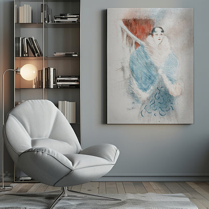 A vintage sketch-style artwork of a woman with dark hair and red lipstick, wearing an elegant, oversized blue coat with a large white fur collar. The background is muted with a prominent red rectangular shape. Artwork